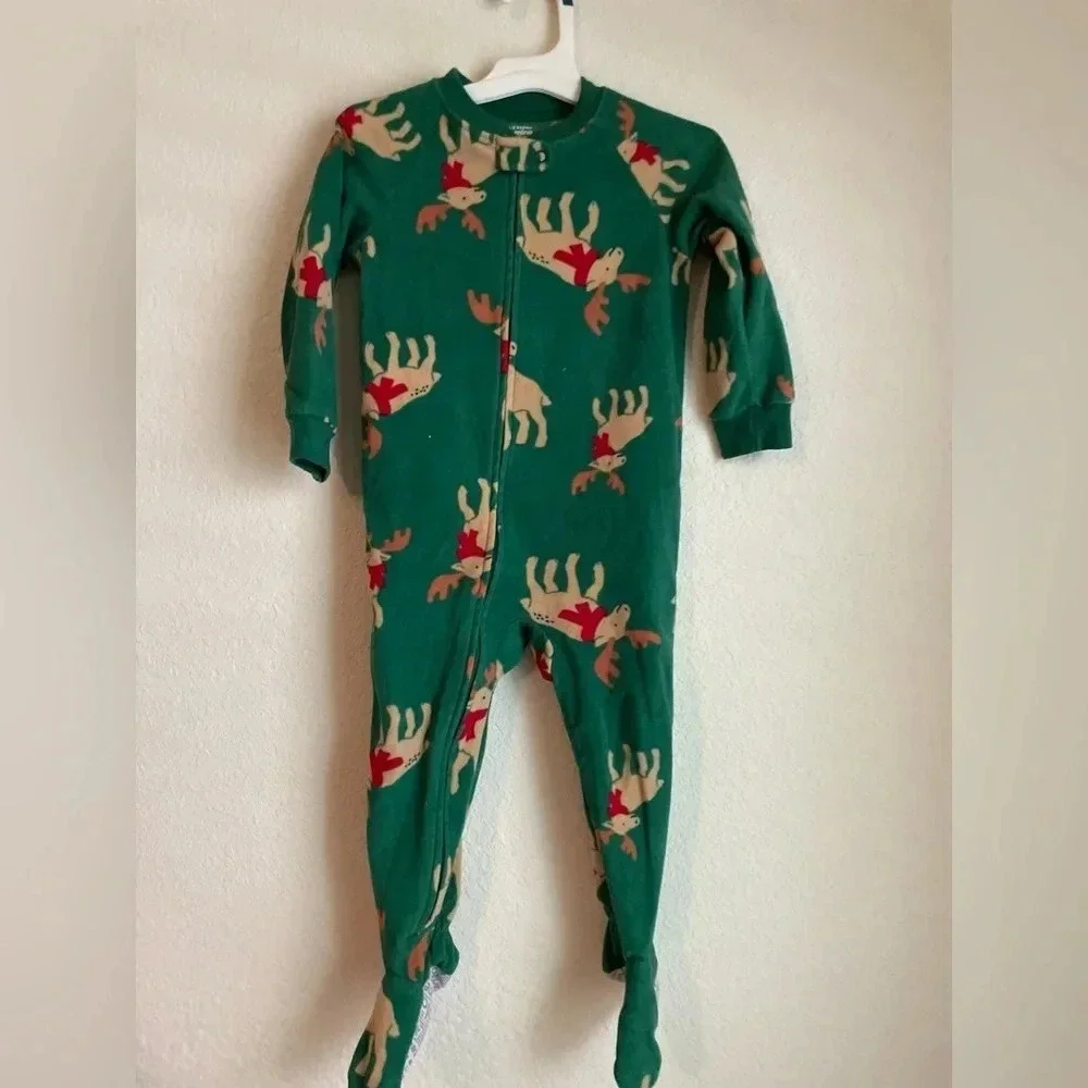 Child of mine by Carters unisex fleece footie green with reindeer pajama size 2T